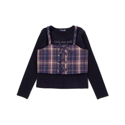 チェックレースアップビスチェ＆ロゴプリントTシャツセット(110~150cm) （ネイビー系）｜詳細画像