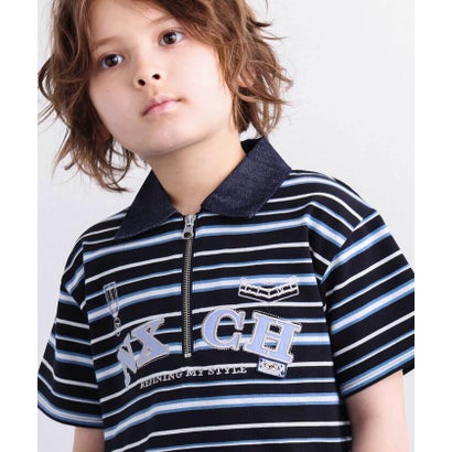 ネクシック nexchic ロゴパッチボーダーハーフジップポロシャツ(110~150cm) （ブルー系）｜詳細画像