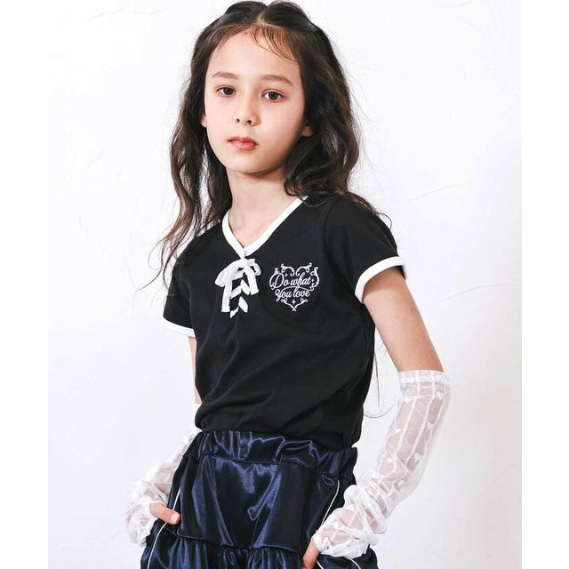 レースアップTシャツ＆レースアームカバーセット(110~150cm) （ブラック）