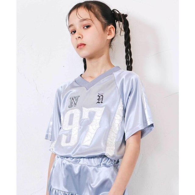 レースロゴパッチサテンユニフォーム半袖Tシャツ(110~150cm) （グレー）