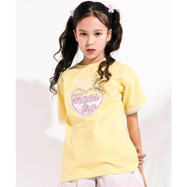 【接触冷感】袖レースハートパッチ天竺Tシャツ(110~150cm) （イエロー）