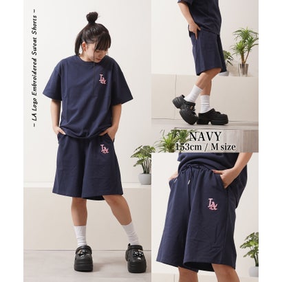 ワンフォークロージング 1111clothing LA ロゴ刺繍 スウェットショートパンツ （NAVY）｜詳細画像