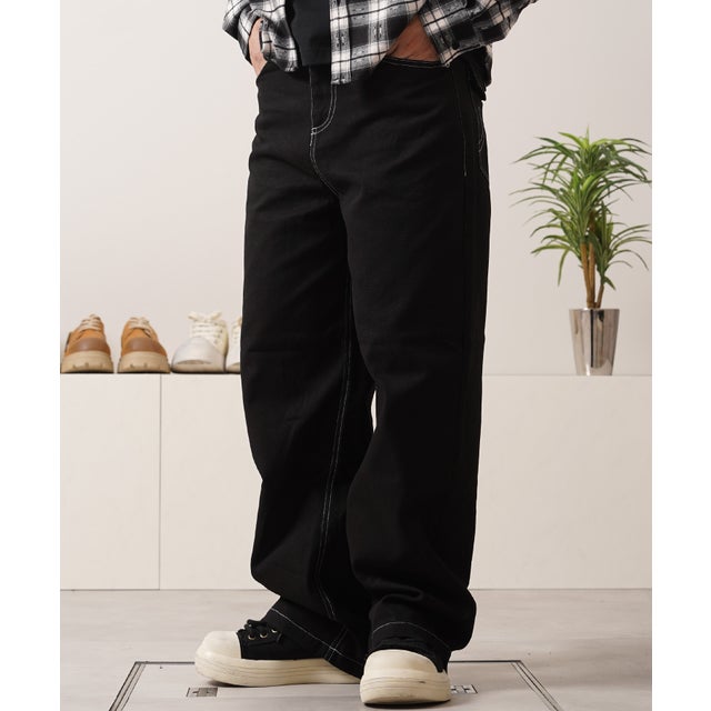 ステッチデザイン ストレートパンツ （ダックBLACK）
