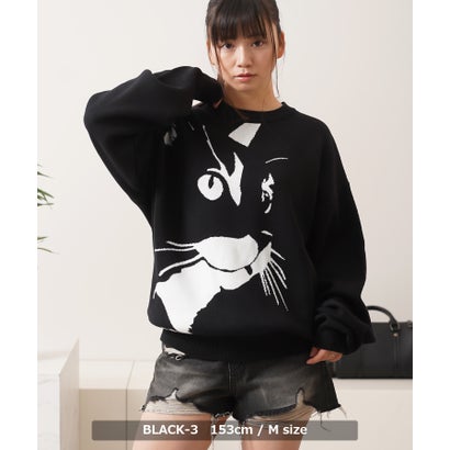 ワンフォークロージング 1111clothing 猫柄 クルーネックニット （BLACK-1）｜詳細画像