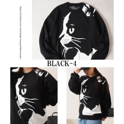ワンフォークロージング 1111clothing 猫柄 クルーネックニット （BLACK-1）｜詳細画像