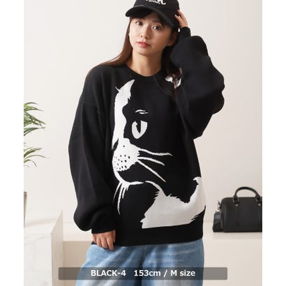 ワンフォークロージング 1111clothing 猫柄 クルーネックニット （BLACK-1）｜詳細画像
