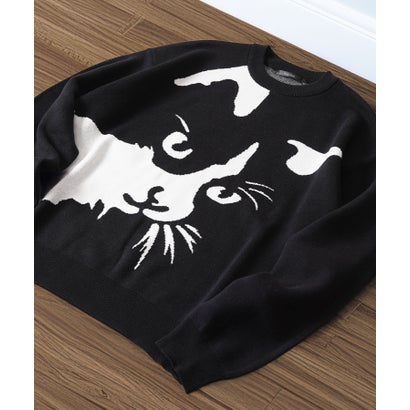 ワンフォークロージング 1111clothing 猫柄 クルーネックニット （BLACK-1）｜詳細画像