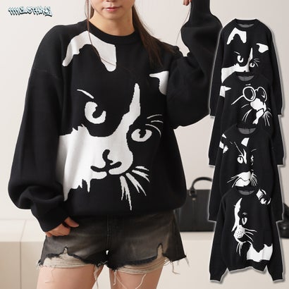 ワンフォークロージング 1111clothing 猫柄 クルーネックニット （BLACK-1）｜詳細画像