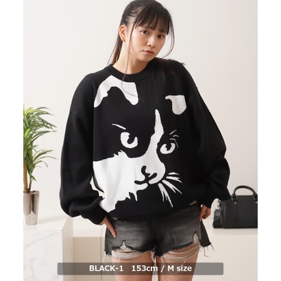 ワンフォークロージング 1111clothing 猫柄 クルーネックニット （BLACK-1）｜詳細画像