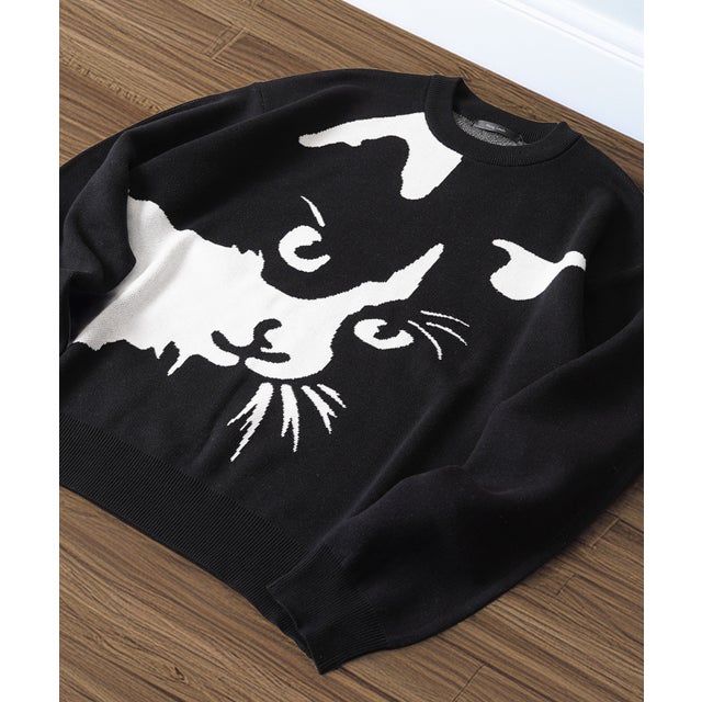 猫柄 クルーネックニット （BLACK-1）