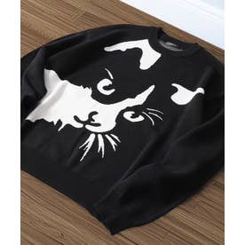 猫柄 クルーネックニット （BLACK-1）