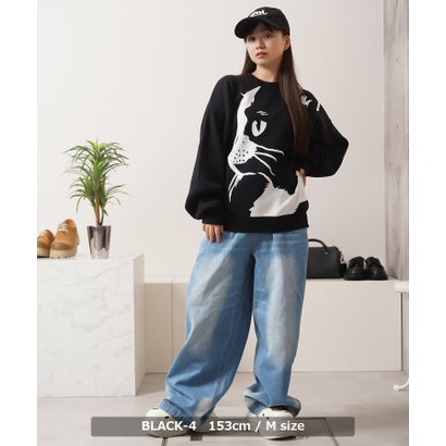 ワンフォークロージング 1111clothing 猫柄 クルーネックニット （BLACK-2）｜詳細画像