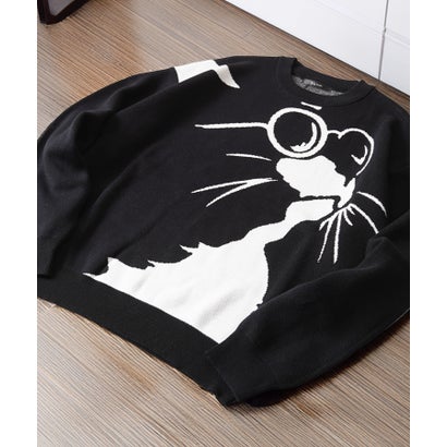 ワンフォークロージング 1111clothing 猫柄 クルーネックニット （BLACK-2）｜詳細画像