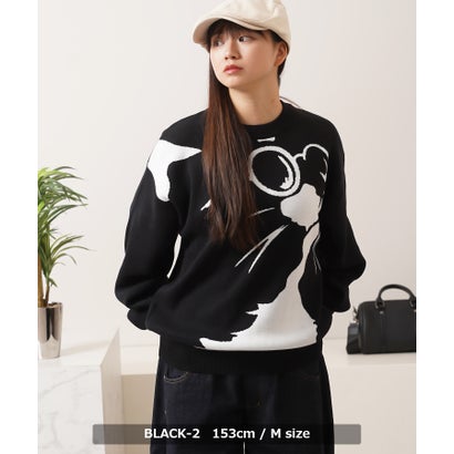 ワンフォークロージング 1111clothing 猫柄 クルーネックニット （BLACK-2）｜詳細画像