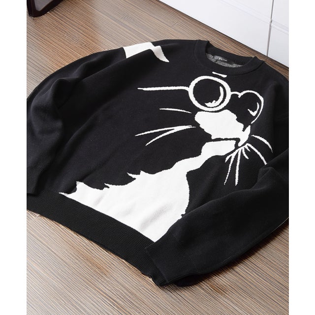 猫柄 クルーネックニット （BLACK-2）