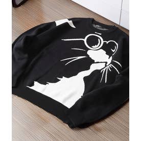 猫柄 クルーネックニット （BLACK-2）