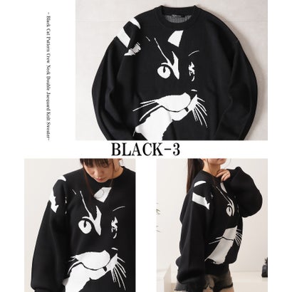 ワンフォークロージング 1111clothing 猫柄 クルーネックニット （BLACK-3）｜詳細画像