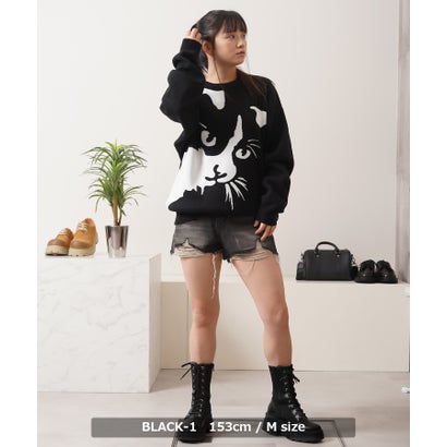 ワンフォークロージング 1111clothing 猫柄 クルーネックニット （BLACK-3）｜詳細画像
