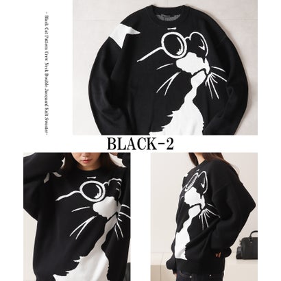 ワンフォークロージング 1111clothing 猫柄 クルーネックニット （BLACK-3）｜詳細画像