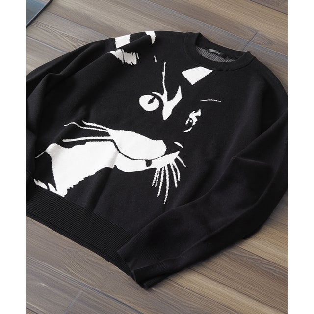 猫柄 クルーネックニット （BLACK-3）