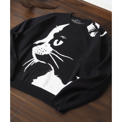 ワンフォークロージング 1111clothing 猫柄 クルーネックニット （BLACK-4）｜詳細画像