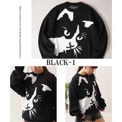 ワンフォークロージング 1111clothing 猫柄 クルーネックニット （BLACK-4）｜詳細画像