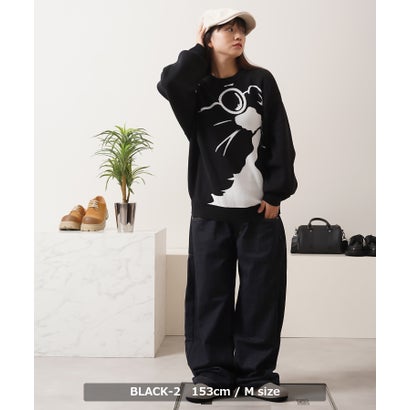 ワンフォークロージング 1111clothing 猫柄 クルーネックニット （BLACK-4）｜詳細画像