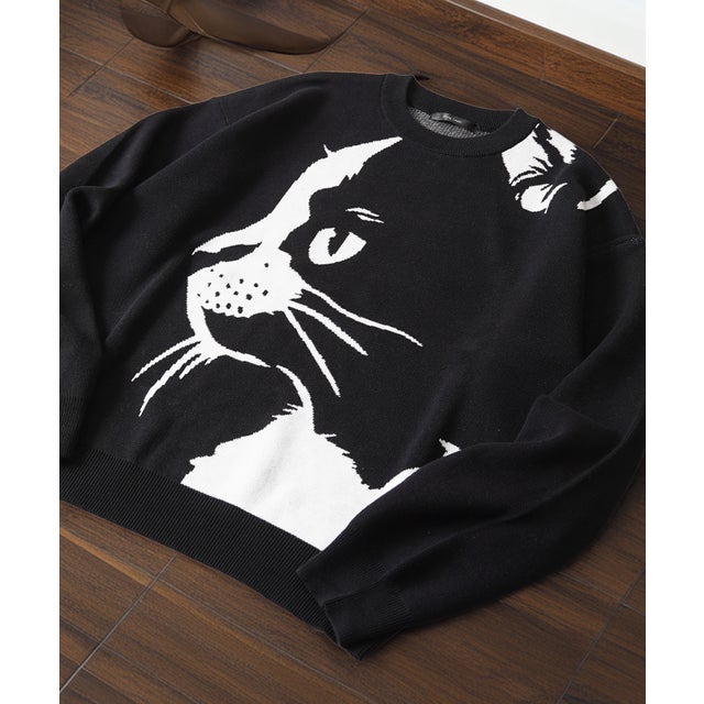 猫柄 クルーネックニット （BLACK-4）