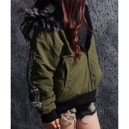 リバーシブル フードファー ナイロンジャケット （KHAKI×BLACK）｜詳細画像