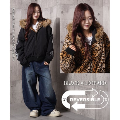 リバーシブル フードファー ナイロンジャケット （BLACK×LEOPARD）｜詳細画像