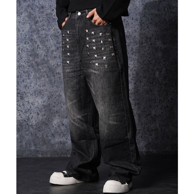スタッズ ウォッシュ ワイドデニム （BLACK）