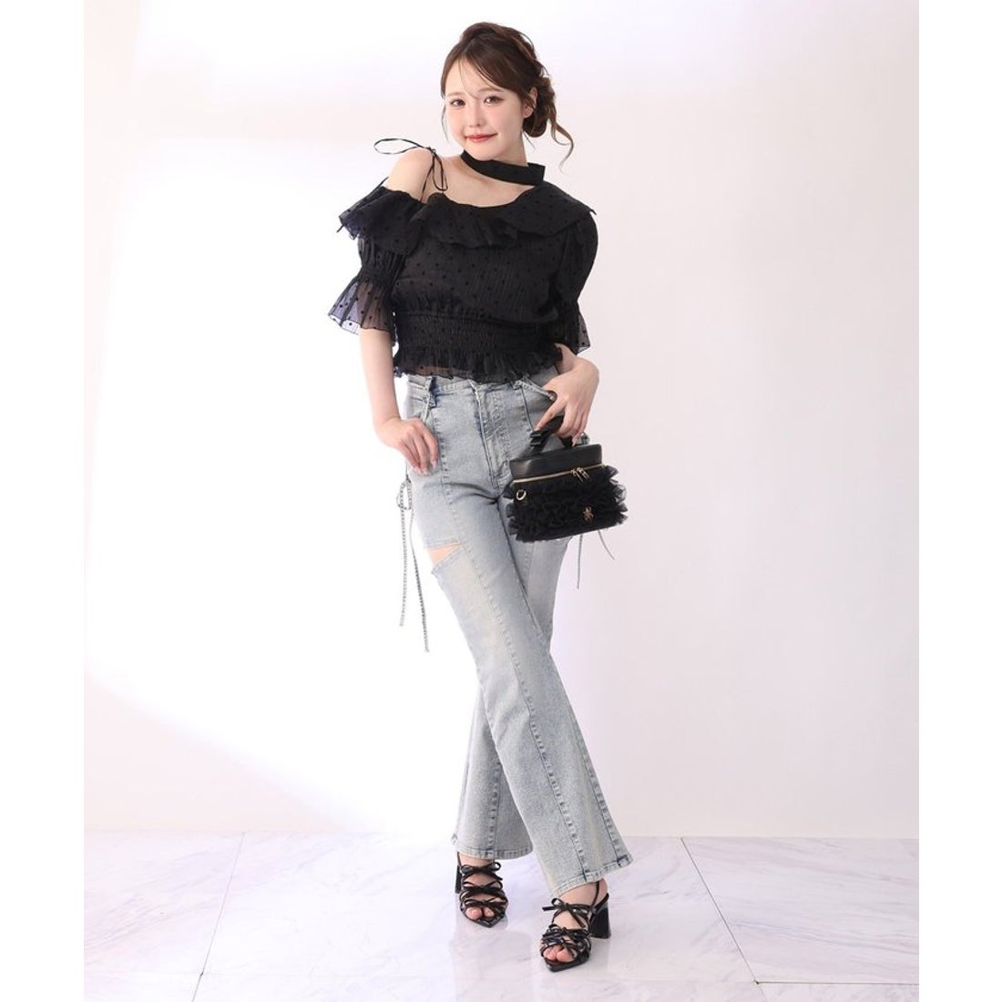 【期間限定出品】NICE CLAUPチュールフリルリボンバニティバッグ　ブラック ナイスクラップ NICE CLAUP 【one after another】チュールフリル