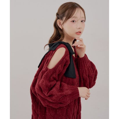 ナイスクラップ NICE CLAUP 【continuer】肩開きリボンケーブルニットワンピース （BRD）｜詳細画像