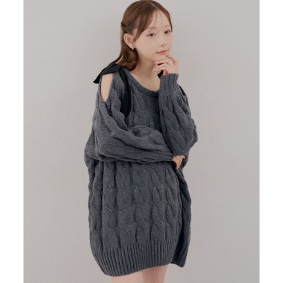 ナイスクラップ NICE CLAUP 【continuer】肩開きリボンケーブルニットワンピース （BRD）｜詳細画像