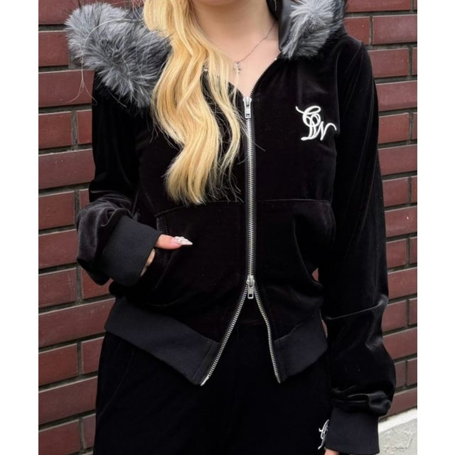 【continuer】セットアップ可能フェイクファー付ベロアパーカー （black）