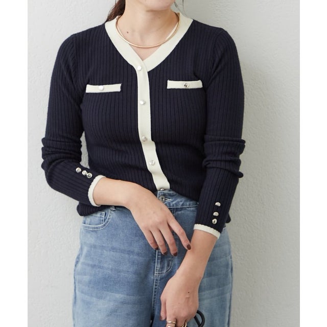 【ECOUT】カーディガン風ニット （navy）