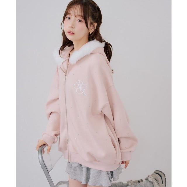 【continuer】ラインストーンBigフェイクファーパーカー （pink）