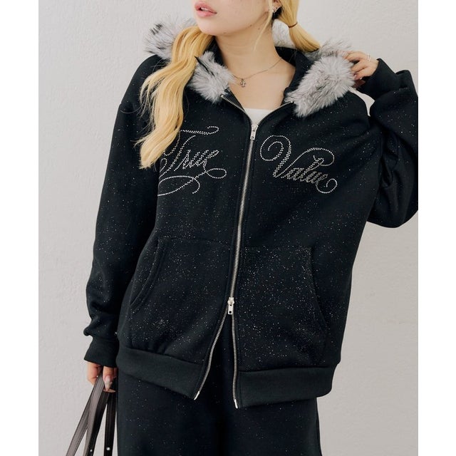【ANOTHER BRANCH】裏起毛ラメフェイクファーパーカー （black）