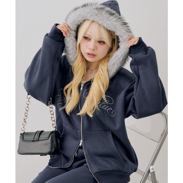 【ANOTHER BRANCH】裏起毛ラメフェイクファーパーカー （navy）