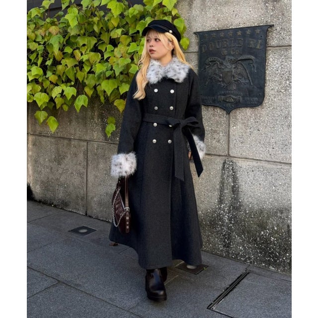 【Mavie..7】ファー付ロングコート （charcoal）