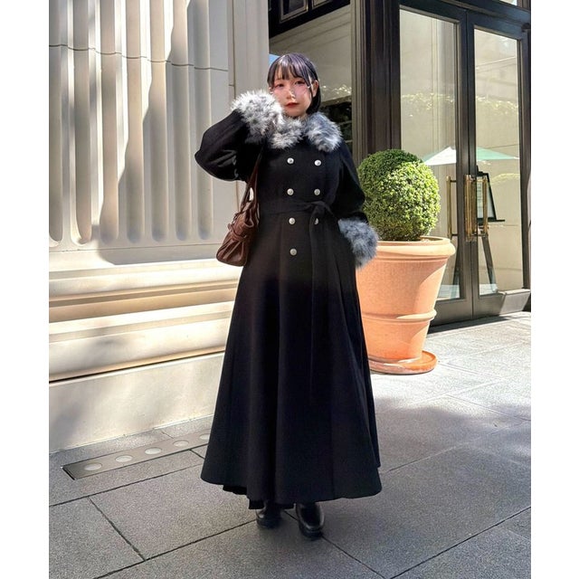 【Mavie..7】ファー付ロングコート （black）
