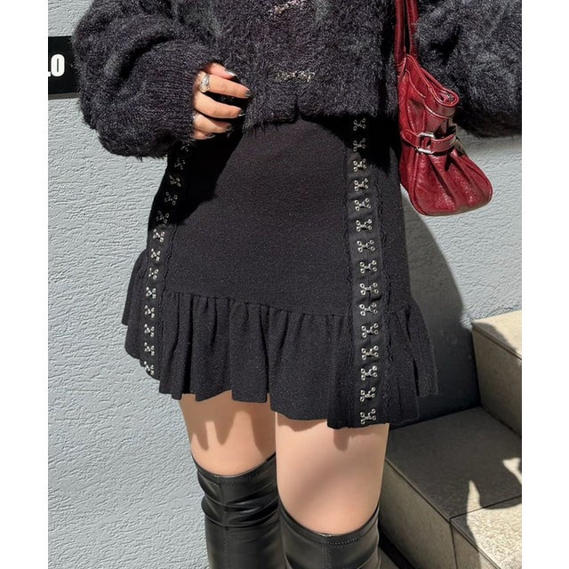 【Mavie..7】デザインニットスカパン （black）
