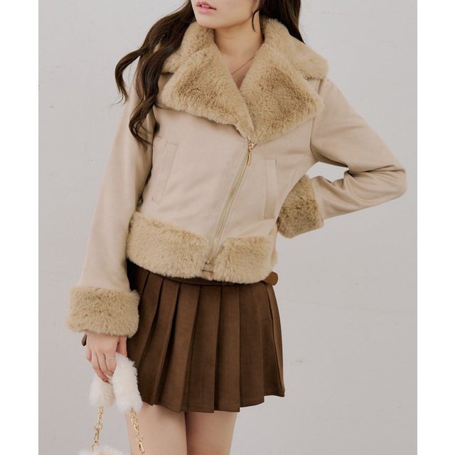 【RMAF】フェイクファー付ライダースジャケット （beige）