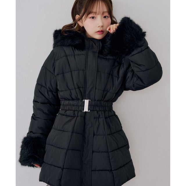 【RMAF】ベルト付フェイクファー中綿コート （black）