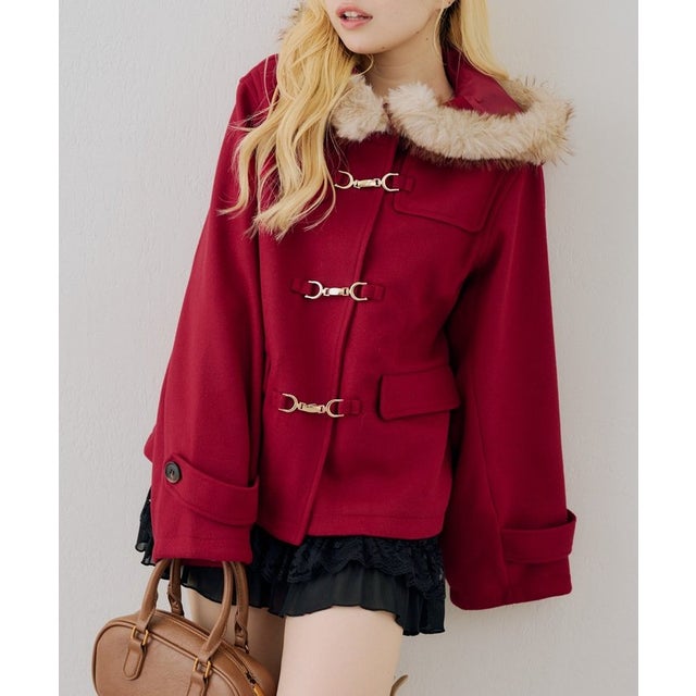 ファー付ダッフルショートコート （bordeaux）