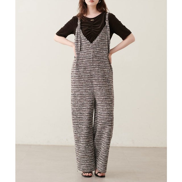 【natural couture】ニットツイードサロペット （BR）