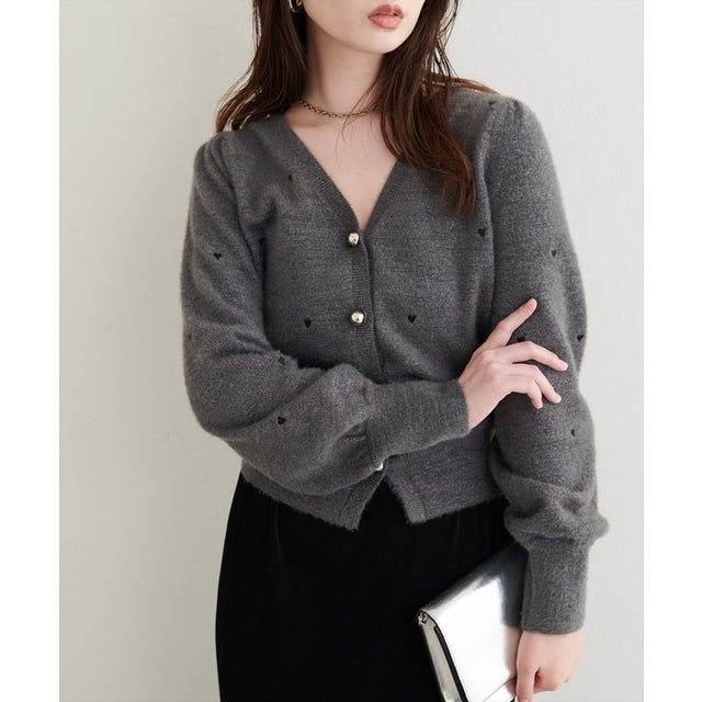 【natural couture】ミニシャギーハート刺繍ニットカーディガン （CGY）