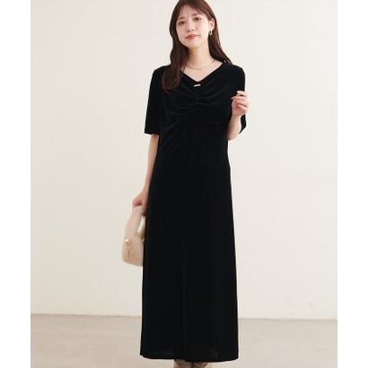 【natural couture】フロントギャザーベロア5分袖ワンピース （BR）｜詳細画像