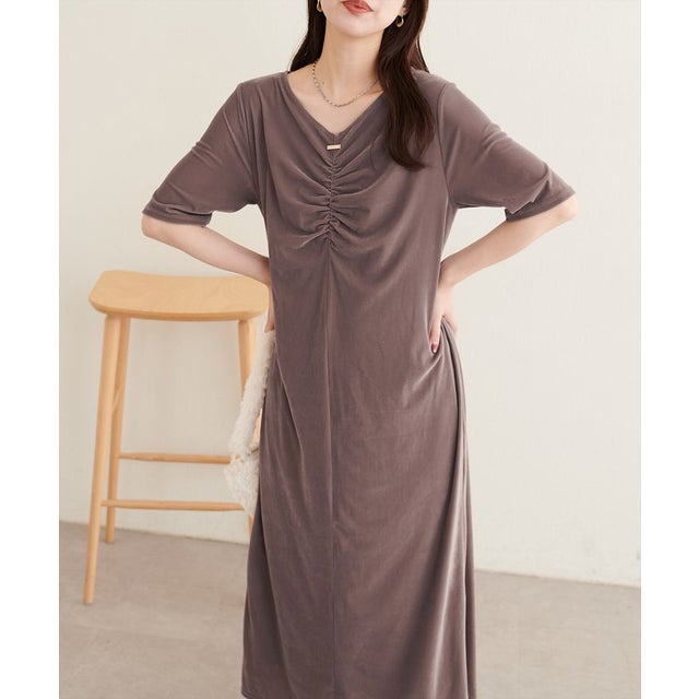 【natural couture】フロントギャザーベロア5分袖ワンピース （MOC）