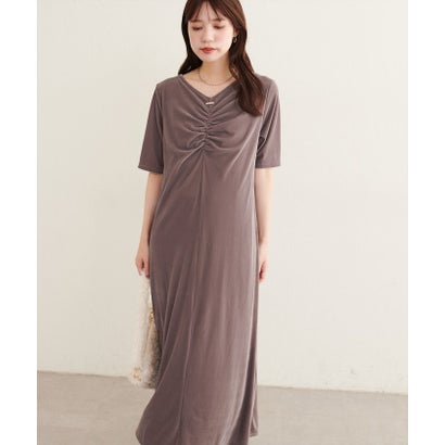 【natural couture】フロントギャザーベロア5分袖ワンピース （BK）｜詳細画像